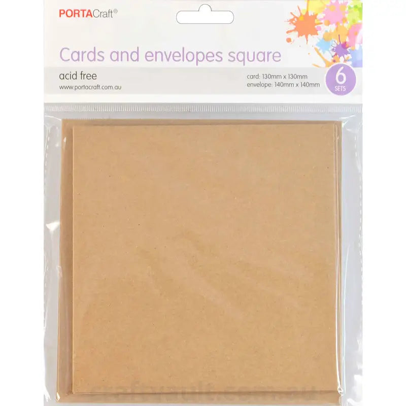 Cards & Envelopes SQ 13cm 6pk Kraft