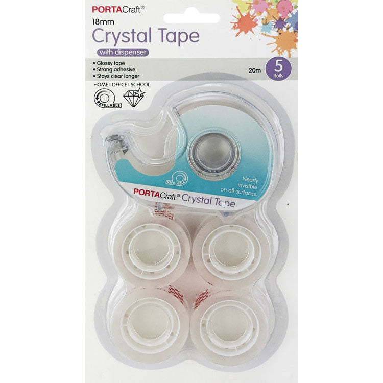 Porta Craft Crystal Clear Tape 18mm x 20m with Dispenser (6 Pack: 1 Dispenser + 5 Rolls)