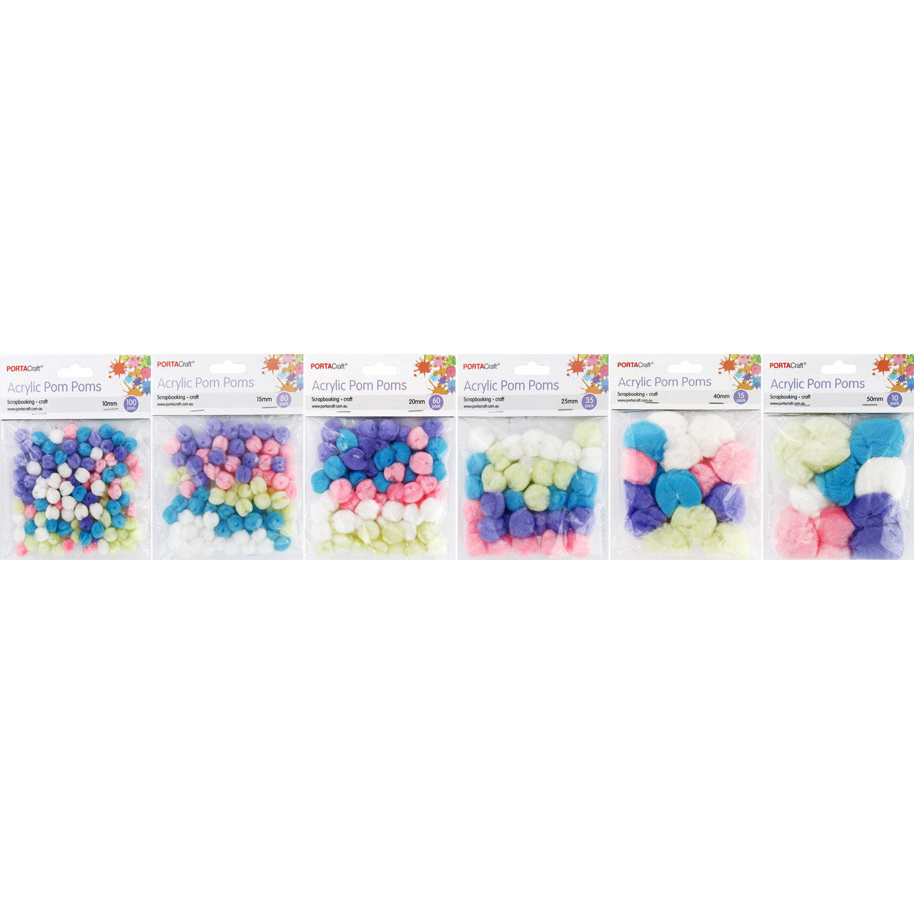 Porta Craft Pastel Pom Poms Asst. Sizes - 300pcs Bulk Pack