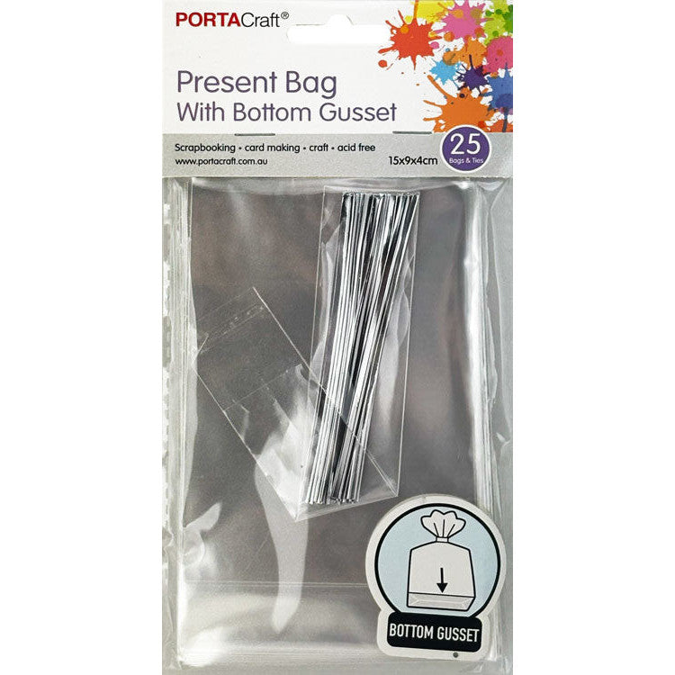 Small clear present bags with bottom gussets and metallic ties