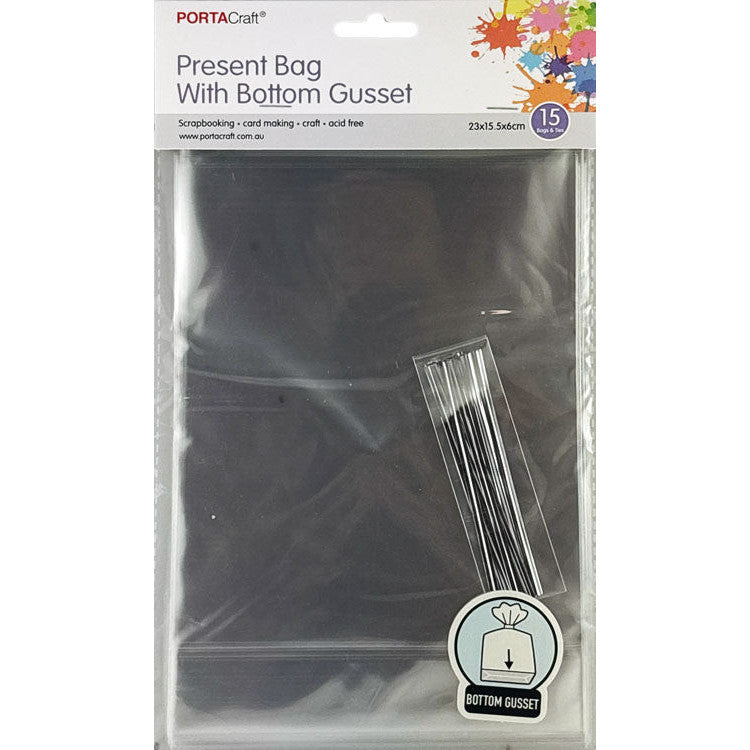 Medium clear present bags with bottom gussets and ties for gift sets