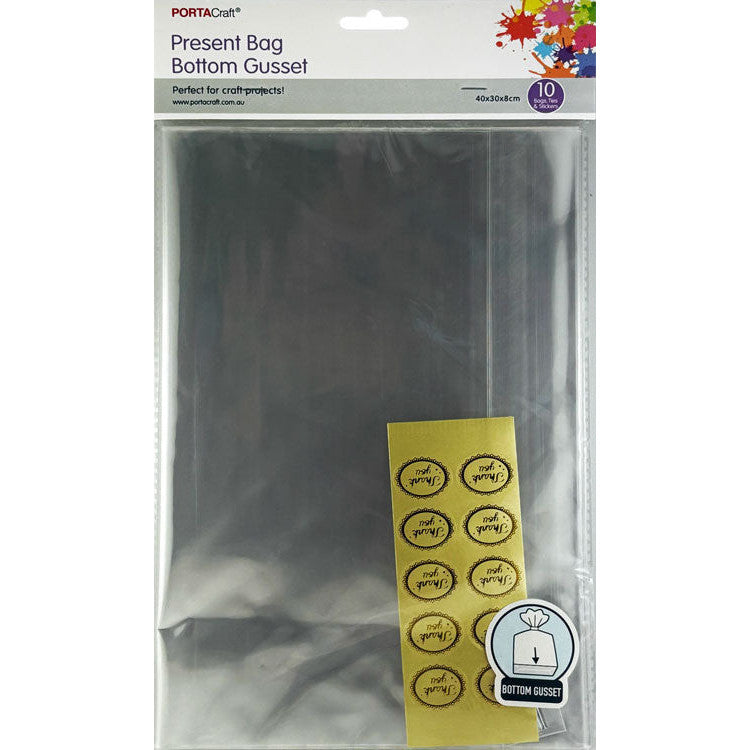 Large clear present bags with bottom gussets and ties for gift bundles