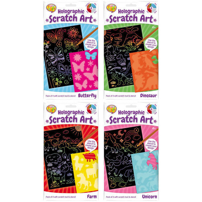 Scratch Art 4pk Holographic with Stencil 4 Assorted