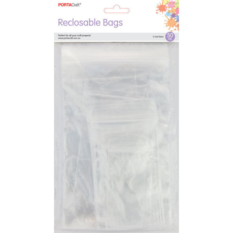Assorted size clear reclosable bags for organising mixed craft supplies