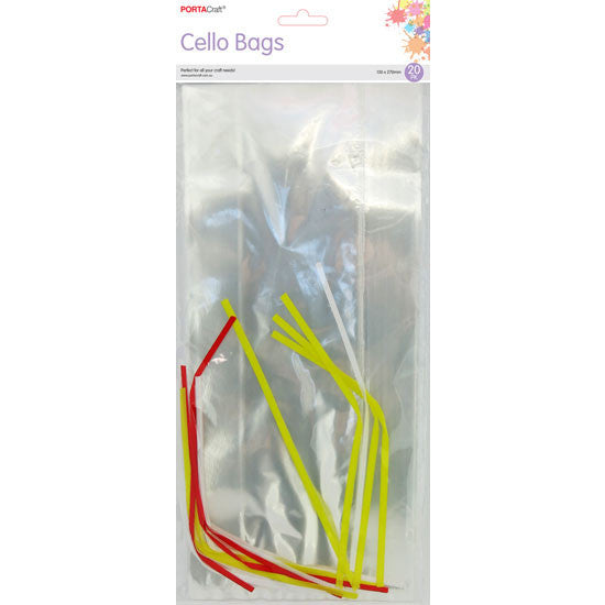 Tall clear side gusset treat bags with colourful ties for gift packaging