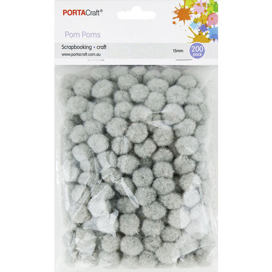 Porta Craft Pom Poms 15mm 200pk - Grey