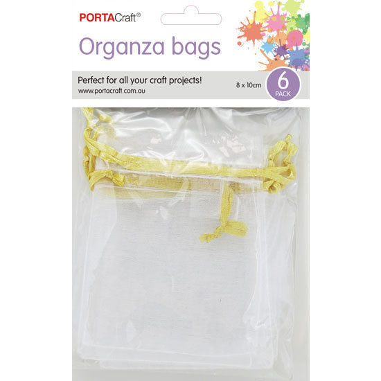 Porta Craft Organza Bags  6pk - White with Gold Drawstring