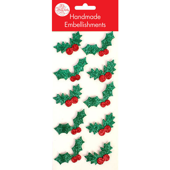 Glitter Holly Christmas Embellishments 10pk