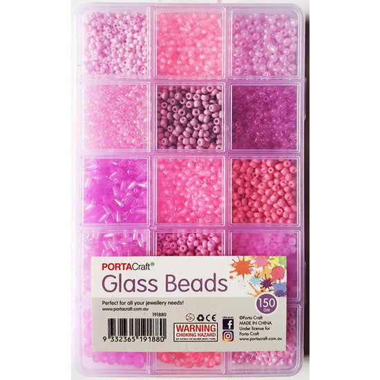 Porta Craft Pink Glass Beads in Organiser with 15 Bead Styles
