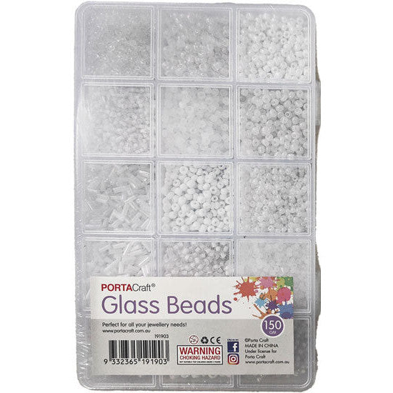 Porta Craft White Glass Beads 150g Organiser with 15 Bead Styles