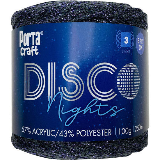 A single skein of Porta Craft Disco Nights acrylic and polyester craft yarn, .
