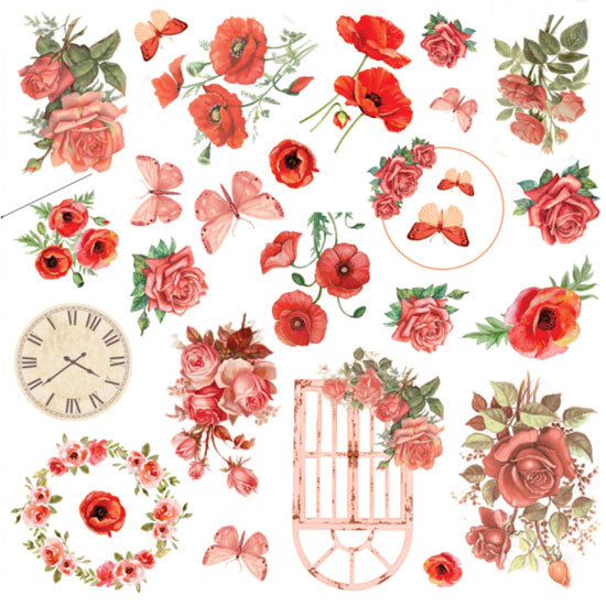 Red poppy and rose paper ephemera, 52 pieces for junk journals and cardmaking
