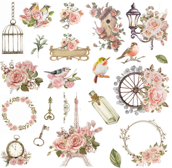 Vintage shabby chic floral bouquet ephemera, 44 paper pieces for journaling and scrapbooking