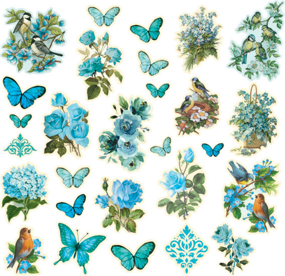 Aqua bird, butterfly and botanical paper ephemera, 56 pieces for journaling and mixed media