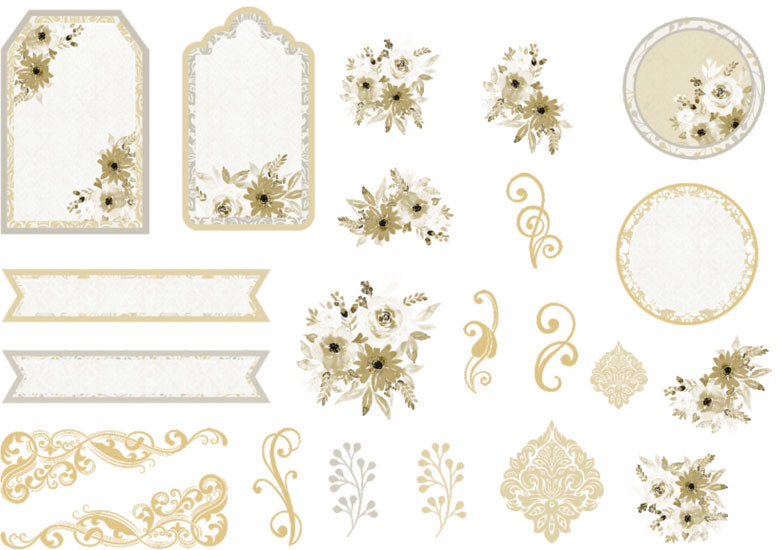 Romantic ivory, cream and gold ephemera, 44 pieces for wedding albums and love-themed cards