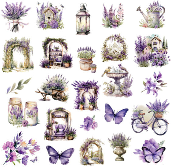 Purple vintage style ephemera, 50 paper embellishments for junk journals and cardmaking