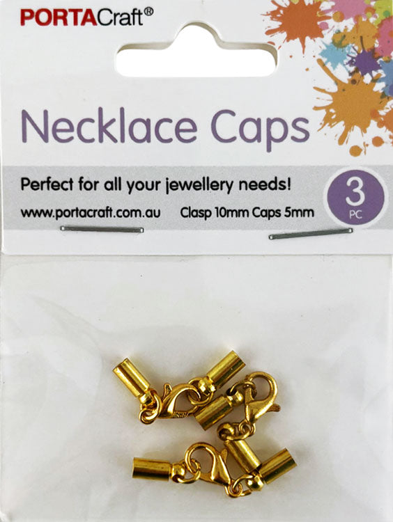 Necklace Caps 5mm with 10mm Lobster Clasps 3pk - Gold Colour