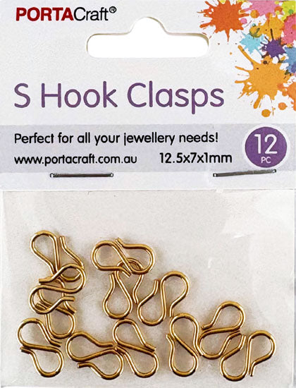 S Hook Clasps 12.5x1mm 12pk - Gold Colour