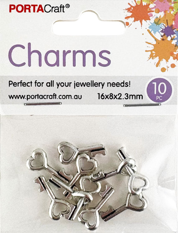 Metal Heart Key Charms 10pk - Silver Colour