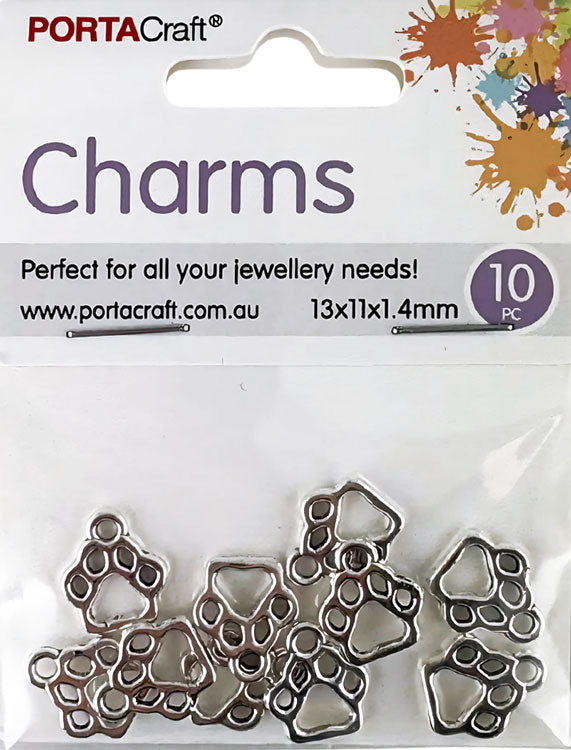 Metal Paw Print Charms 10pk - Silver Colour