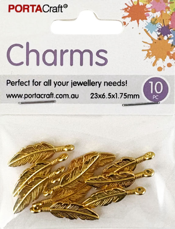 Metal Feather Charms 10pk - Gold Colour