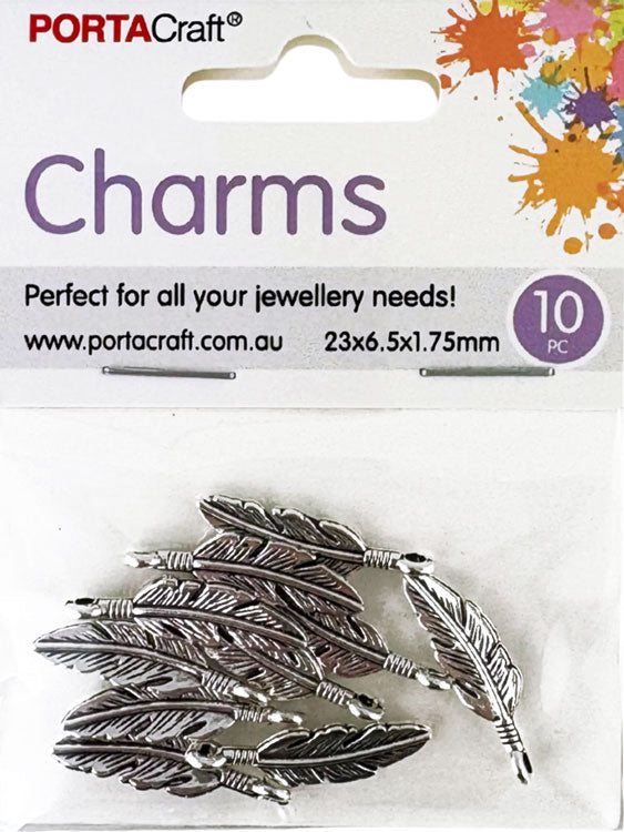 Metal Feather Charms 10pk - Silver Colour