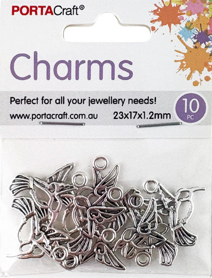 Metal Hummingbird Charms 10pk - Silver Colour