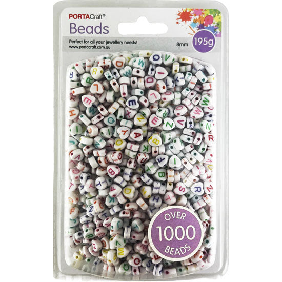 Alphabet Beads 8mm 195g White Hearts in Multicolour