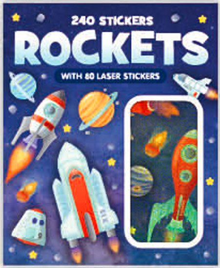 Rocket and outer space sticker booklet with 240 designs including 80 sparkly foil-style stickers for school projects