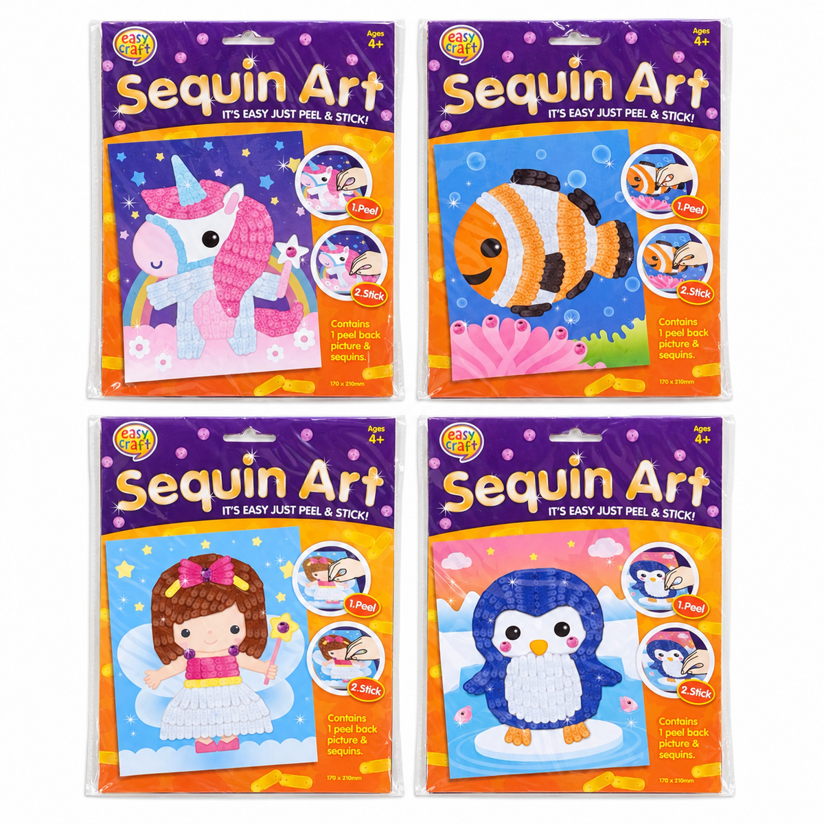 Kids Sequin Art Craft Kits 4 Pack – Unicorn, Fairy, Fish & Penguin
