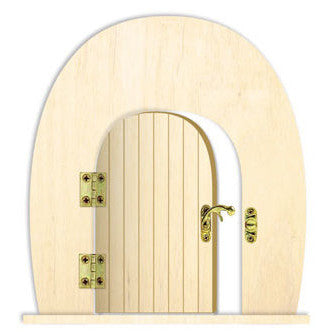 A miniature wooden fairy door with a light beige arched frame, a slatted center door, and gold-toned metal hinges, latch, and handle, isolated on a white background.