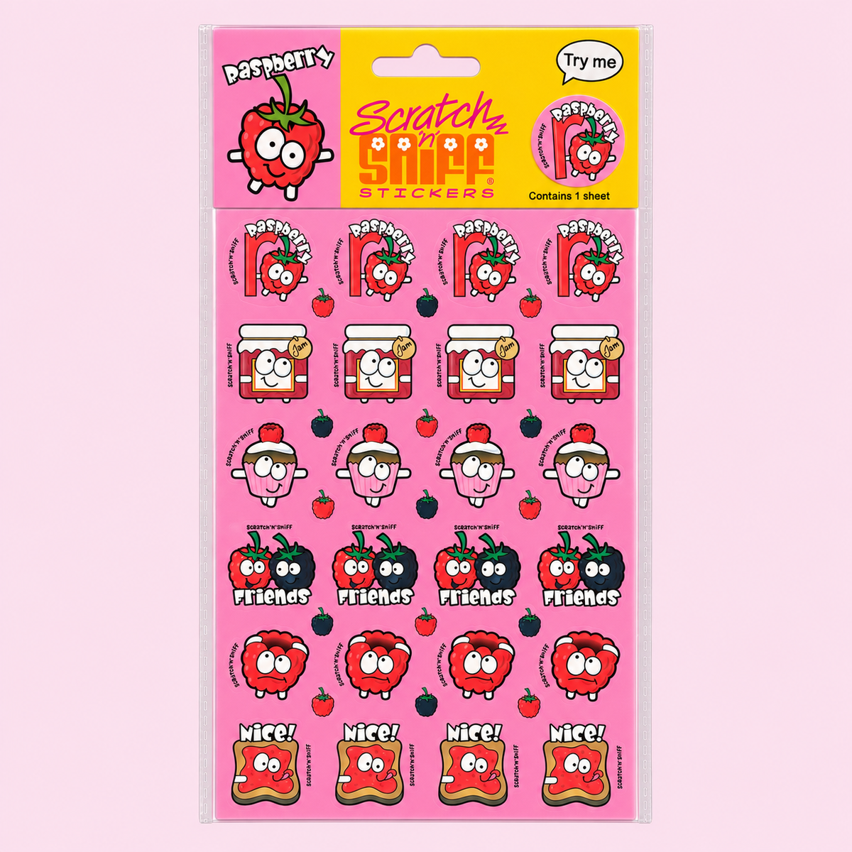 A sheet of Scratch Star stickers featuring cute cartoon raspberries characters.