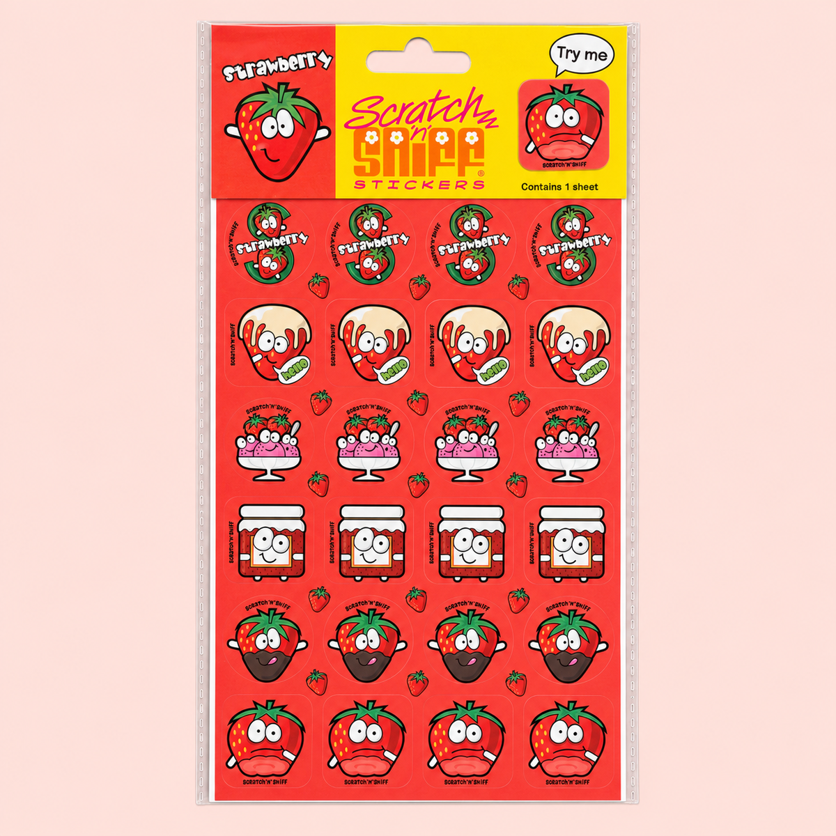 A packaged sheet of cartoon strawberry-themed scented stickers.