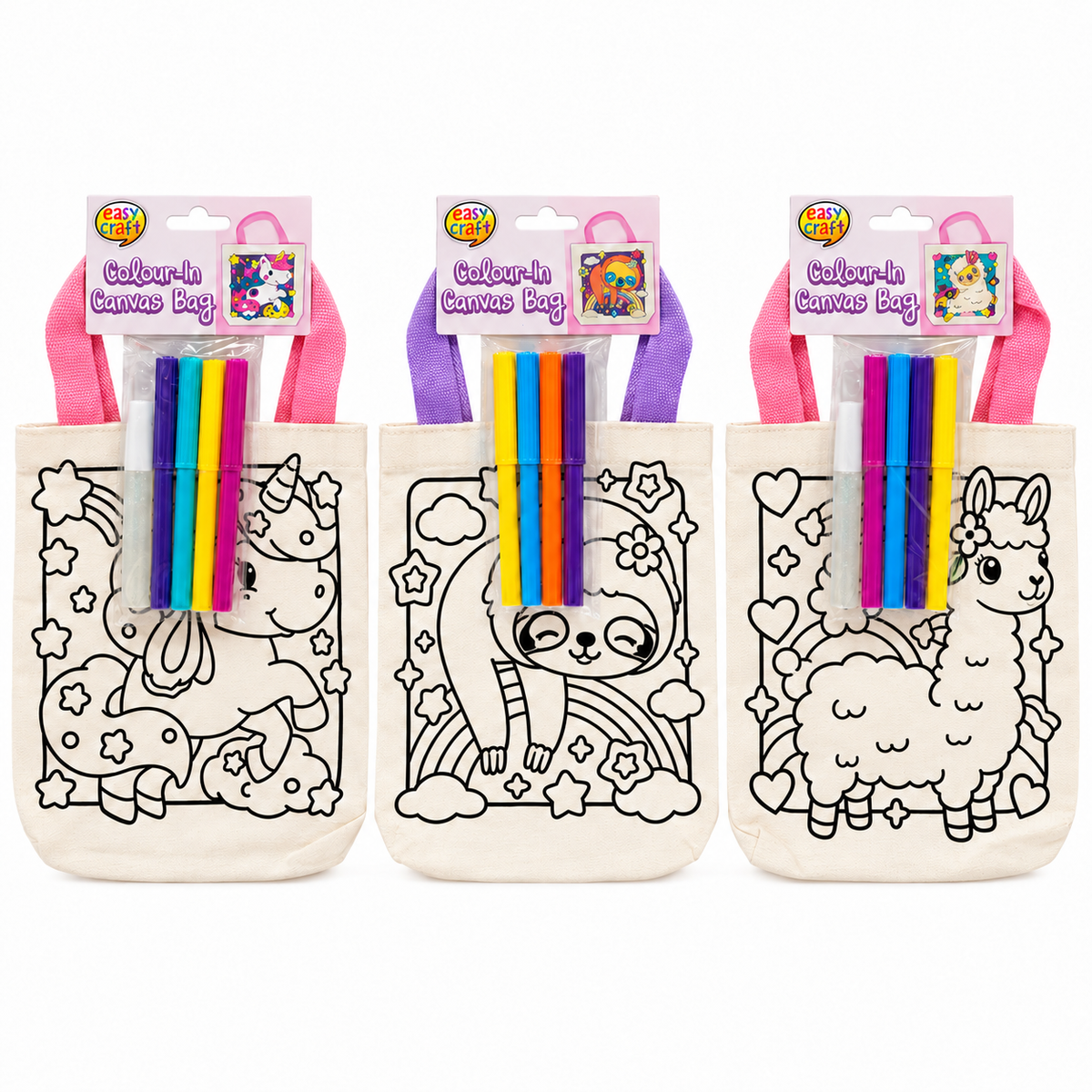 Kids Colour-In Canvas Bag Craft Kits 3 Pack – Unicorn, Sloth & Llama