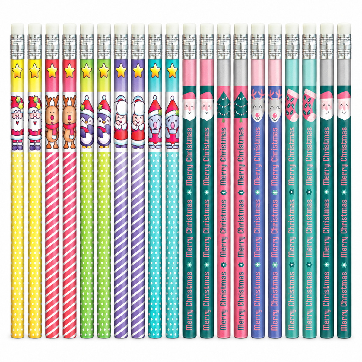 Twenty printed Christmas pencils with erasers in assorted festive patterns