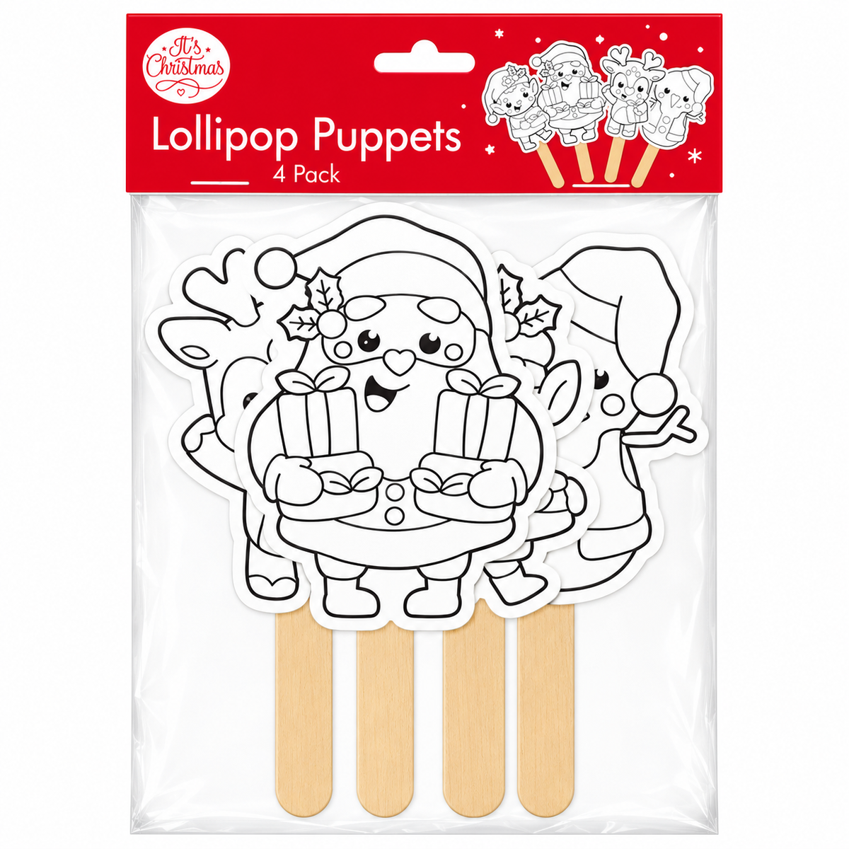 Christmas Cardstock Puppets 4pk - Snowman, Reindeer, Santa, Elf