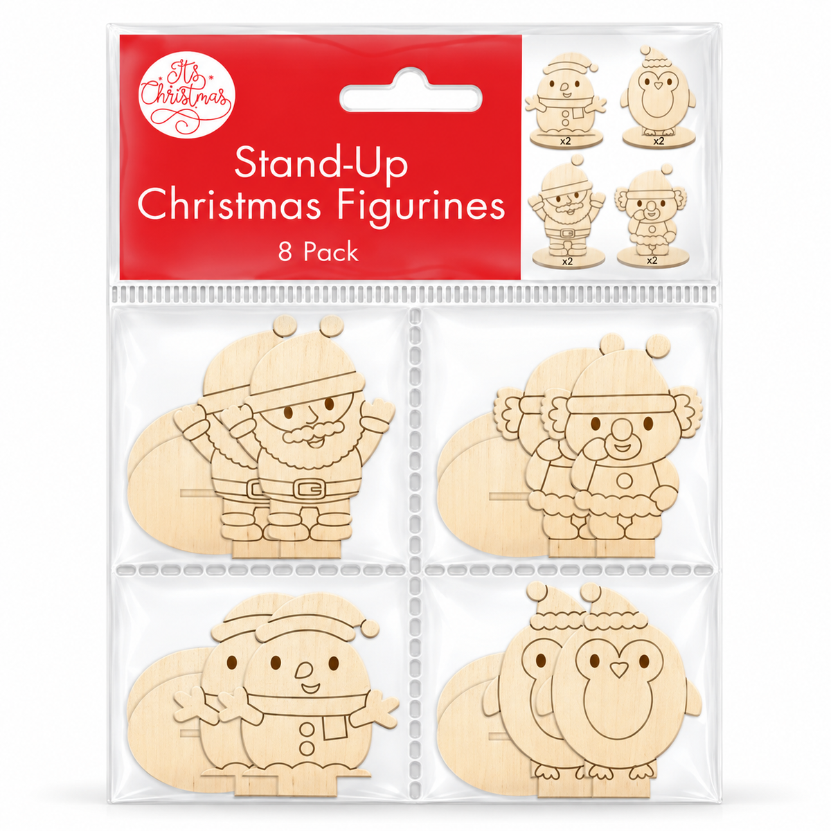 Mini Wooden Christmas Stand-Up Figurines 8pk - Set A