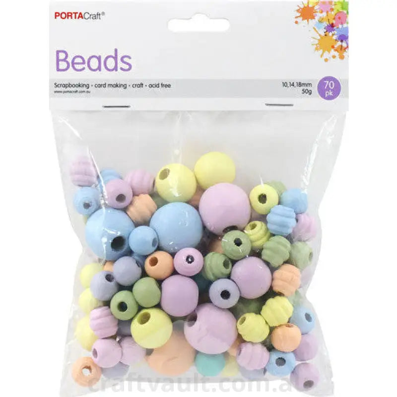 Beads Wooden  10,14,18mm 70pk Assorted Shapes Pastels