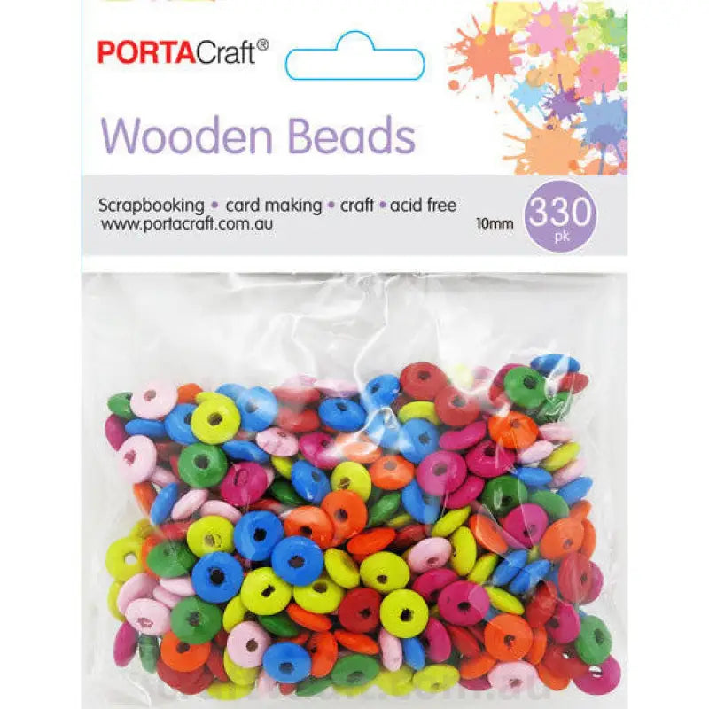 Beads Wooden  10mm 330pk Discs Multicolour