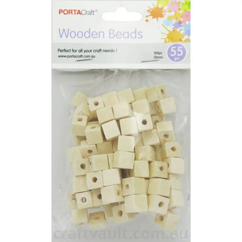 Beads Wooden  10mm 55g 100pk Square Natural