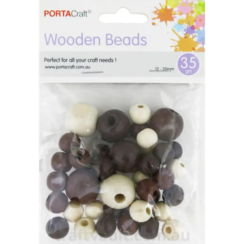 Beads Wooden  12-20mm 35g 42pk Polished Brown/Cream