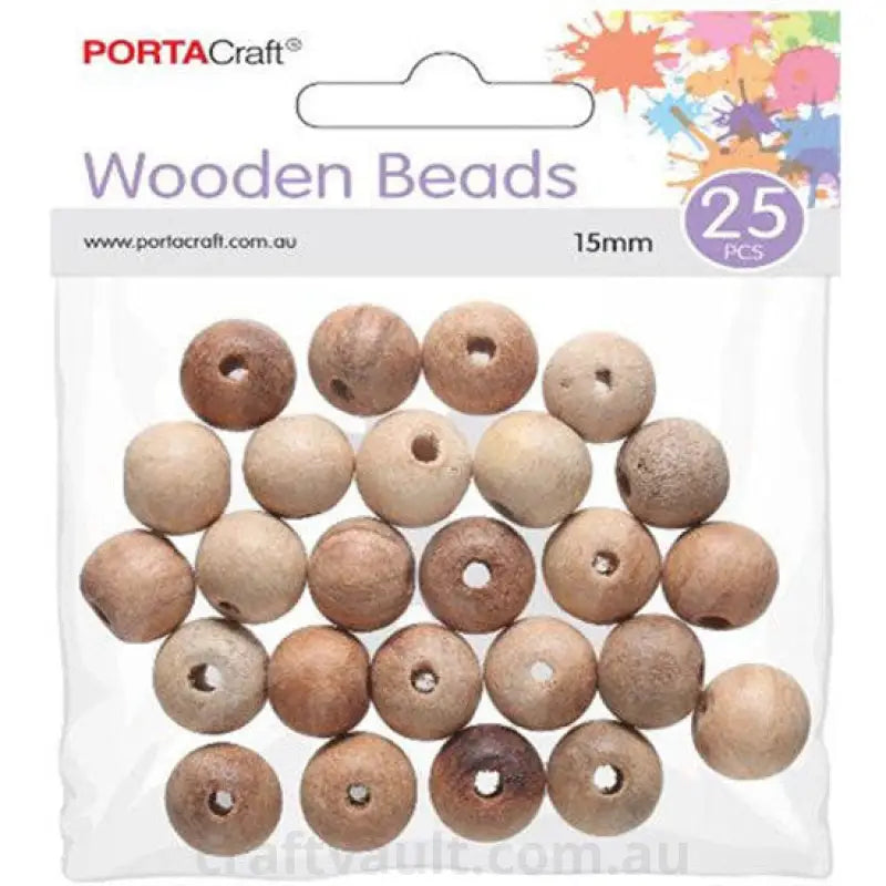 Beads Wooden 15mm 25pc Round Natural