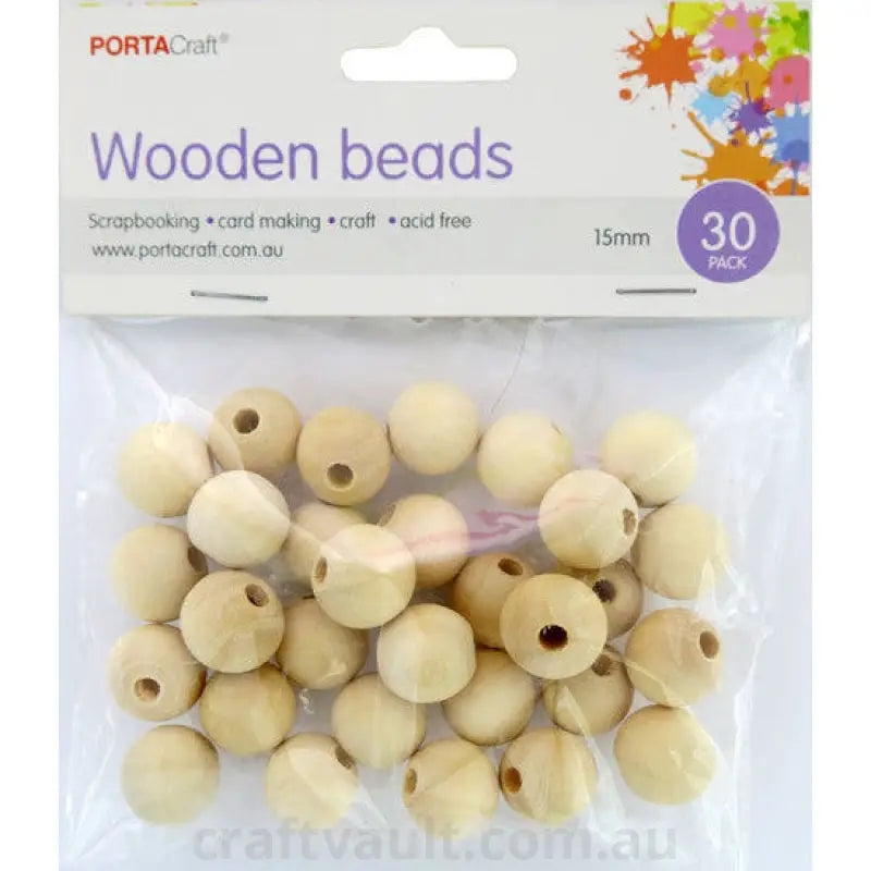 Beads Wooden 15mm 30pk Round Natural