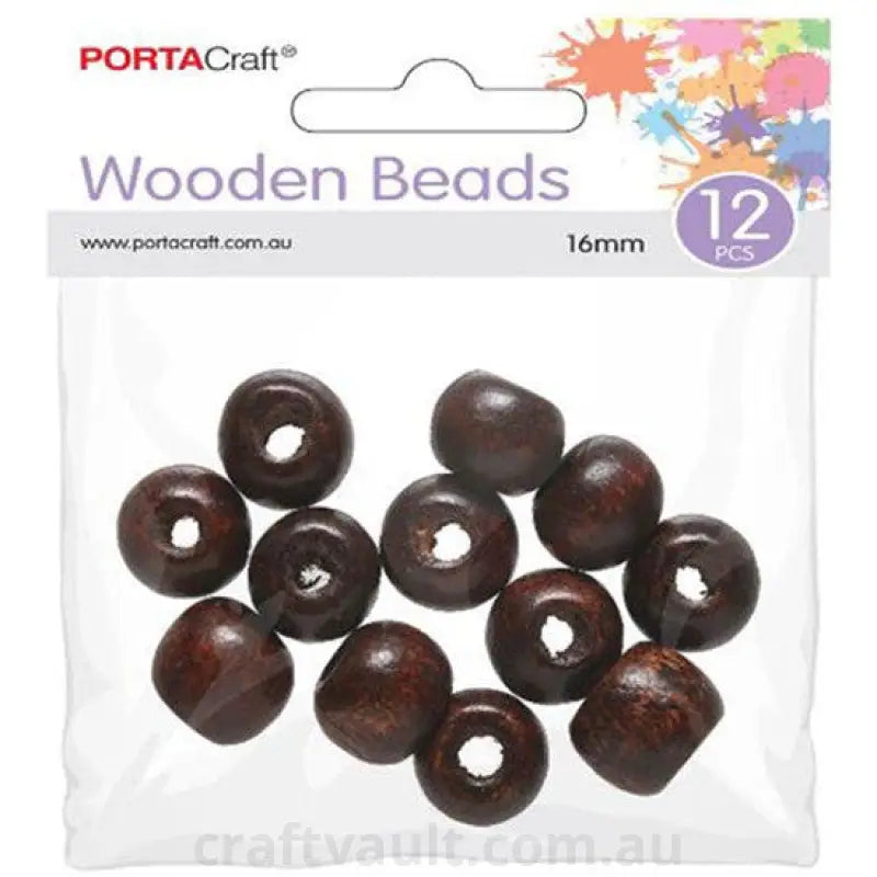 Beads Wooden  16mm 12pc Round Polished Brown