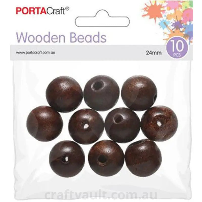 Beads Wooden  24mm 10pc Round Polished Brown
