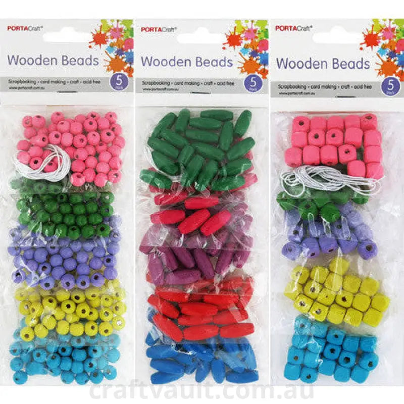 Beads Wooden 5 Bag With String 3 Assorted