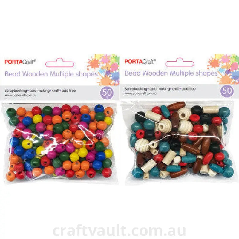 Beads Wooden Assorted Shapes 50g 2 Assorted