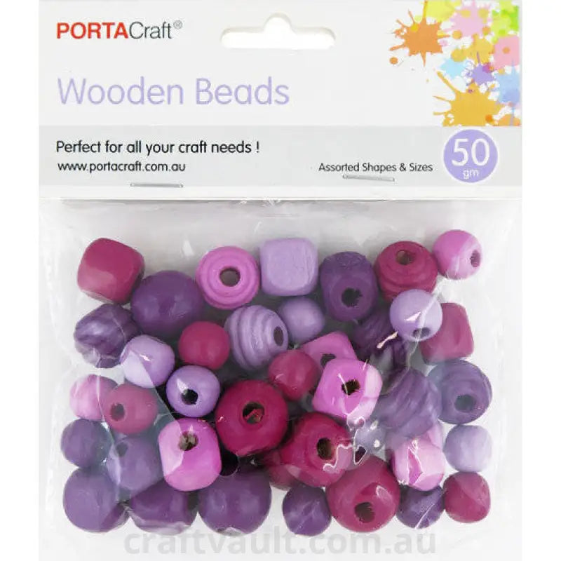 Beads Wooden Assorted Shapes 50g Berry