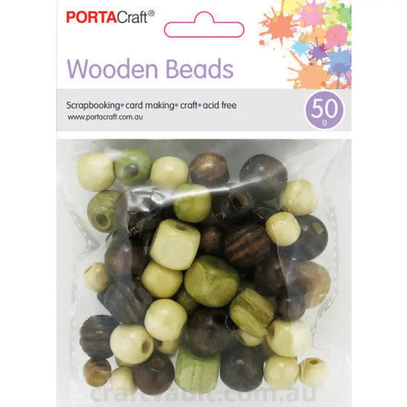 Beads Wooden Assorted Shapes 50g Earth