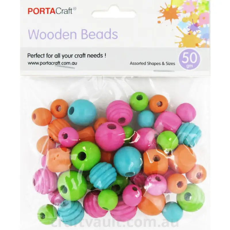 Beads Wooden Assorted Shapes 50g Fluro